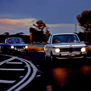 1973 BMW 2002 tii chasing another 2002 along the GOR