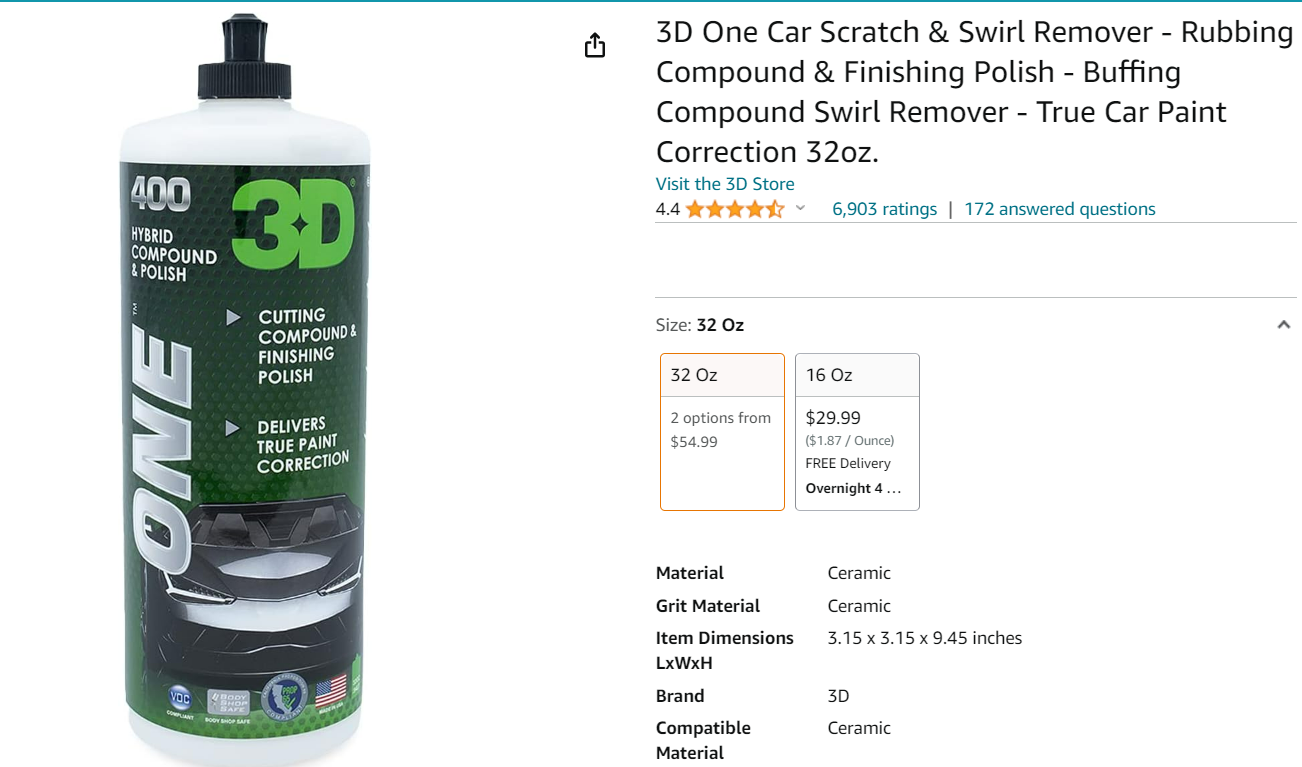 3D One car Scratch & Swirl Remover - Rubbing compound & Finishing Polish -  Buffing compound Swirl Remover 