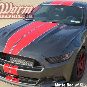 2015/17 Mustang with 6G Full Length Stripes - Matte Red w/ silver pinstripe
https://www.bigwormgraphix.com/2015-17-mustang-6g-full-length-stripes.htm
