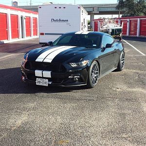 Black 2015 Mustang GT Premium w/White Stripes (Velgen VMB7 Wheels, Eibach Sportline Springs, Bassani Catback Exhaust)
