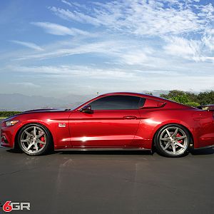Project 6gr wheels on a Ruby Red Ford Mustang GT Side View